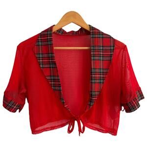 Sheer Red Plaid Trim Blouse – Punk Y2K Mesh XL
